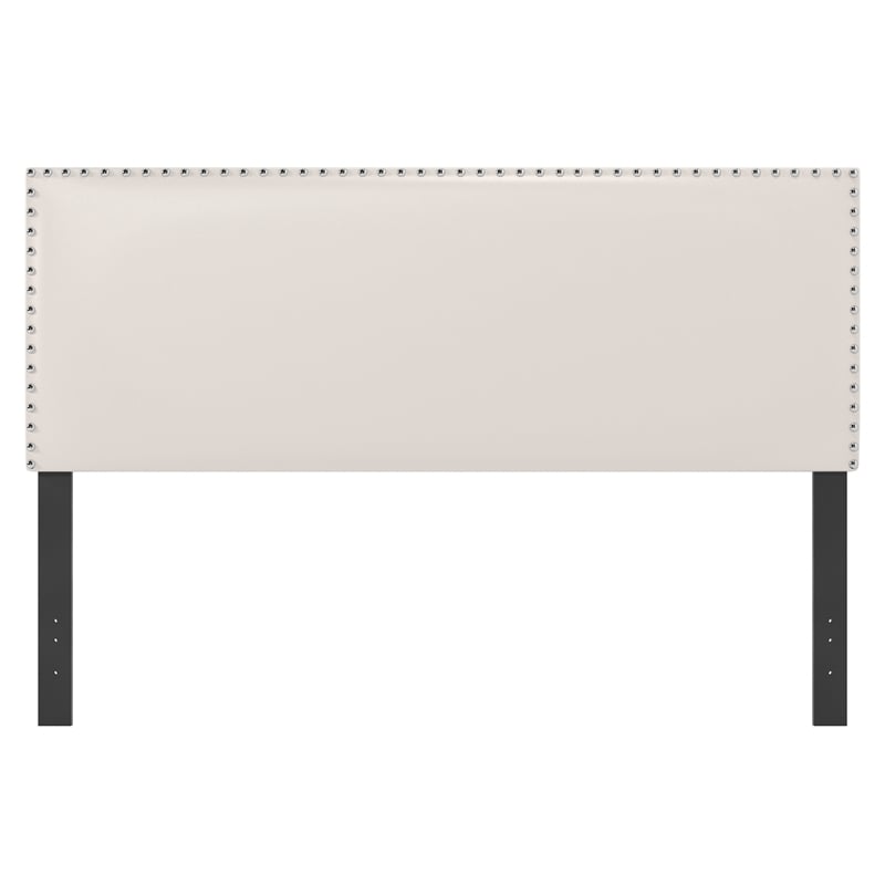 Pemberly Row White Faux Leather Queen Bed with Nail Head Trim