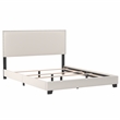 Pemberly Row White Faux Leather Queen Bed with Nail Head Trim