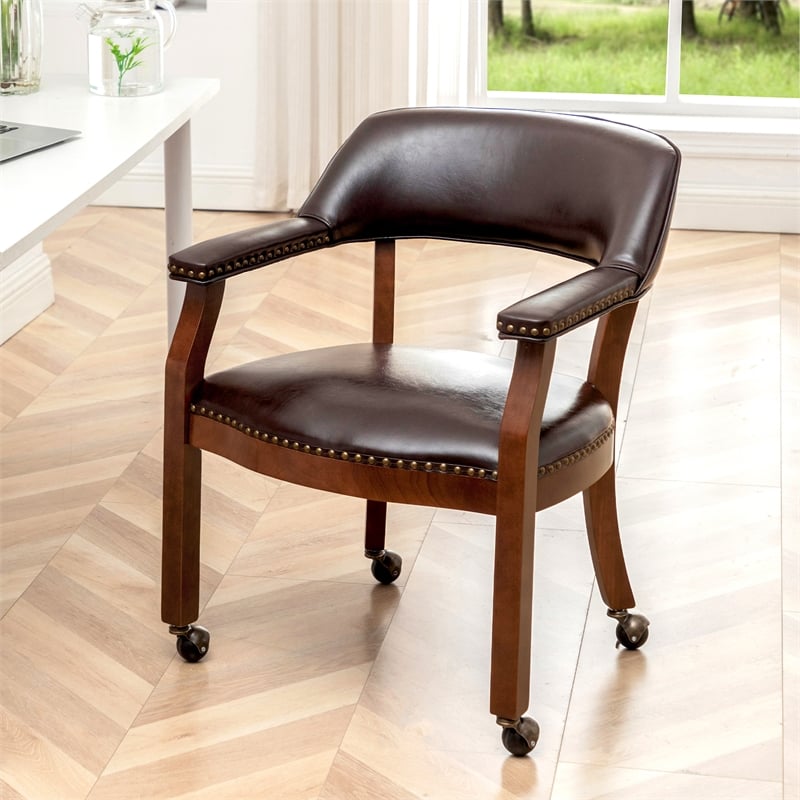 Pemberly Row Dillon Armchair with Wheels in Espresso Vegan Leather