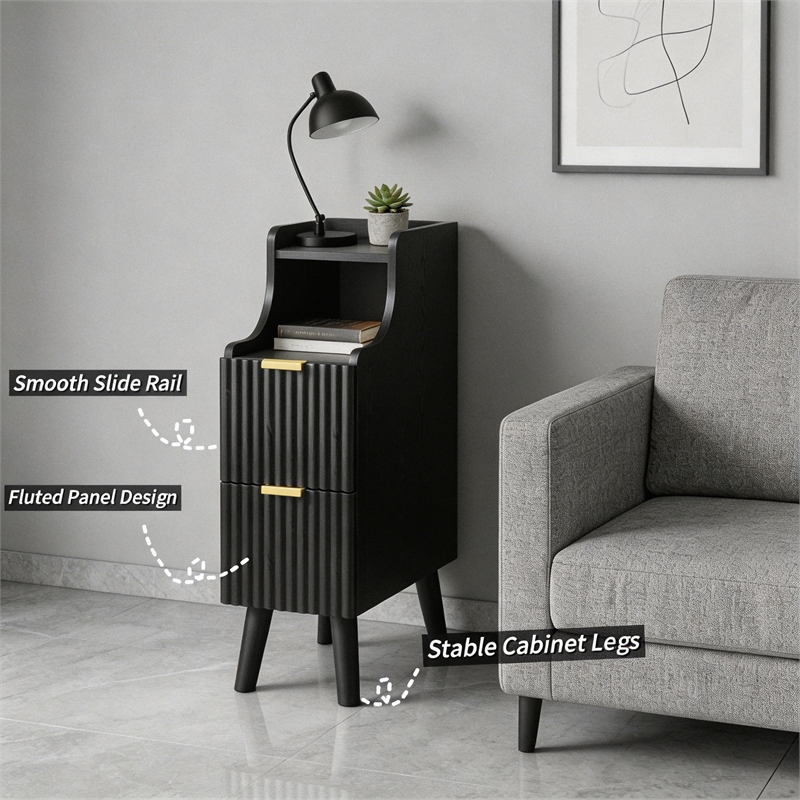 Pemberly Row Slim Black Nightstand with 2 Drawers in Engineered Wood