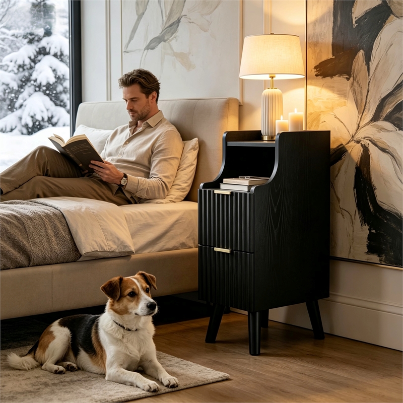 Pemberly Row Slim Black Nightstand with 2 Drawers in Engineered Wood