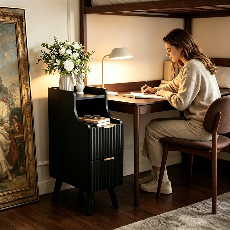 Pemberly Row Slim Black Nightstand with 2 Drawers in Engineered Wood