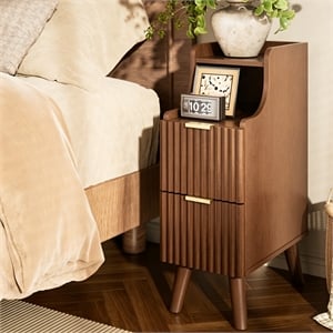 Pemberly Row Slim Brown Fluted Nightstand with 2 Drawers in Engineered Wood
