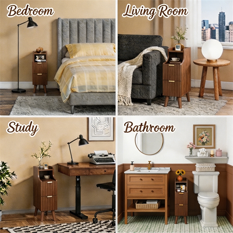 Pemberly Row Slim Brown Fluted Nightstand with 2 Drawers in Engineered Wood