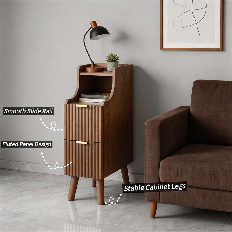 Pemberly Row Slim Brown Fluted Nightstand with 2 Drawers in Engineered Wood