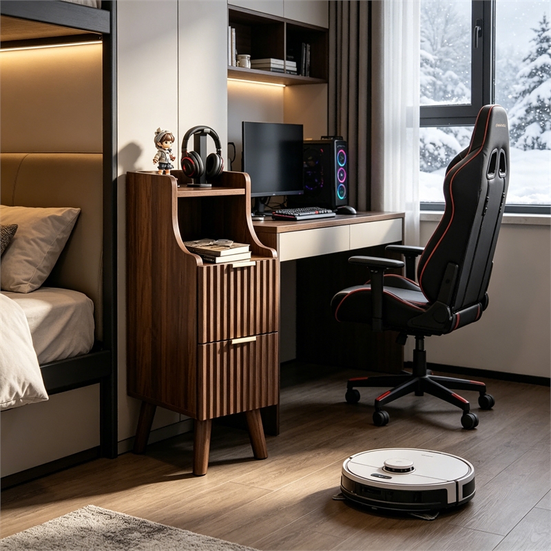 Pemberly Row Slim Brown Fluted Nightstand with 2 Drawers in Engineered Wood