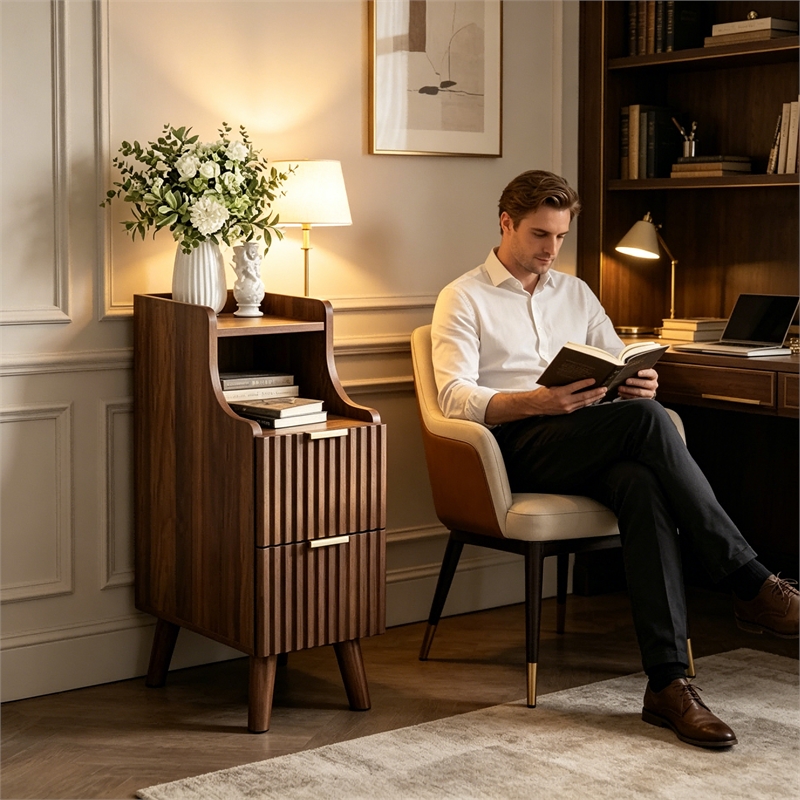 Pemberly Row Slim Brown Fluted Nightstand with 2 Drawers in Engineered Wood