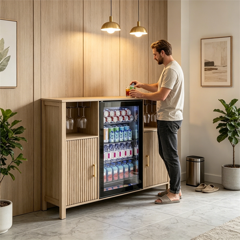 Pemberly Row Medium Wood Coffee Bar Cabinet with Mini Fridge Space & Power