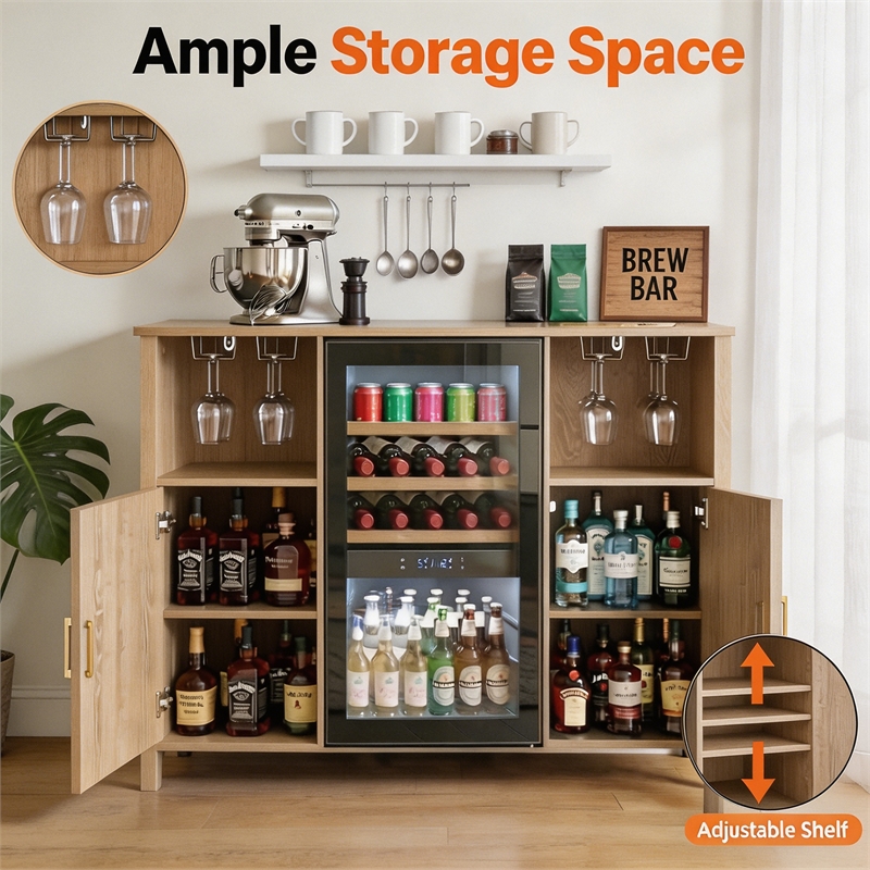 Pemberly Row Medium Wood Coffee Bar Cabinet with Mini Fridge Space & Power