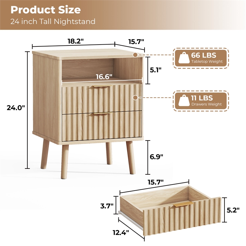 Pemberly Row Medium Wood Set of 2 Nightstands with Fluted Drawers