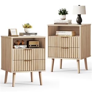 Pemberly Row Medium Wood Set of 2 Nightstands with Fluted Drawers