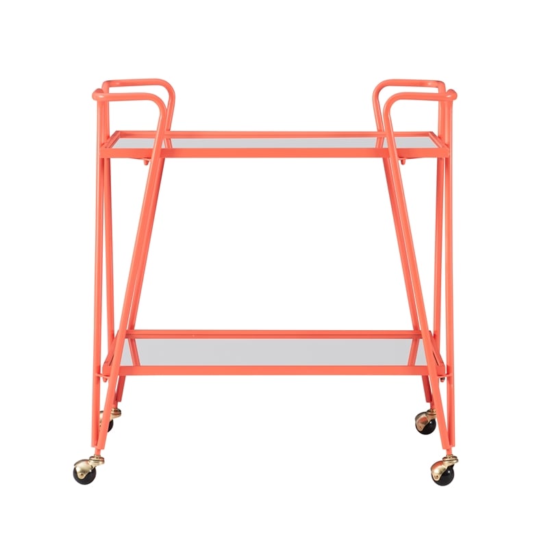 Pemberly Row Metal Rolling Bar Cart with 2 Mirrored Shelves in Coral
