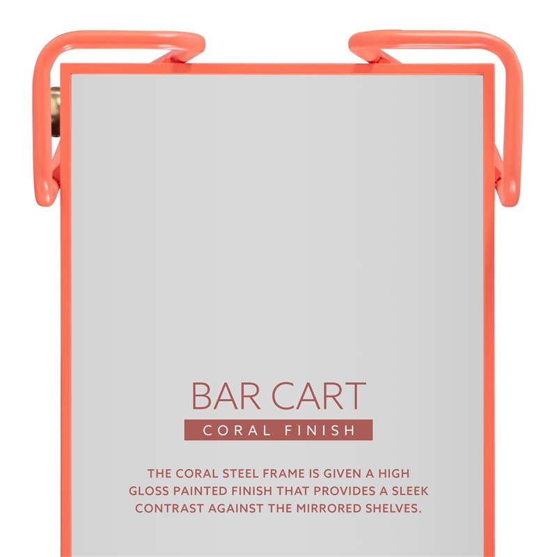 Pemberly Row Metal Rolling Bar Cart with 2 Mirrored Shelves in Coral