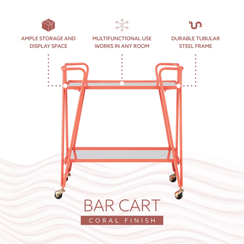 Pemberly Row Metal Rolling Bar Cart with 2 Mirrored Shelves in Coral