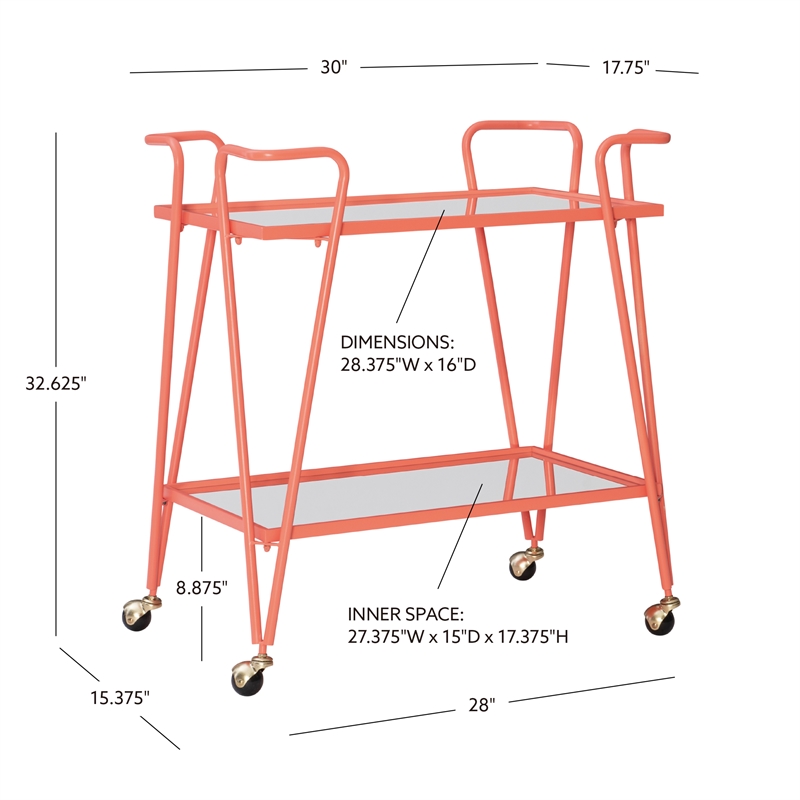 Pemberly Row Metal Rolling Bar Cart with 2 Mirrored Shelves in Coral