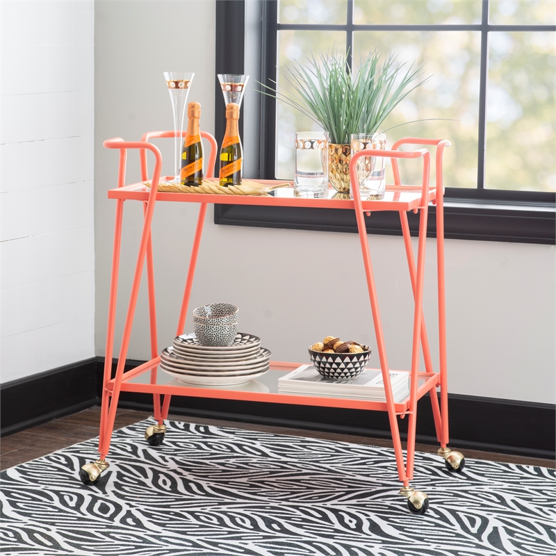 Pemberly Row Metal Rolling Bar Cart with 2 Mirrored Shelves in Coral