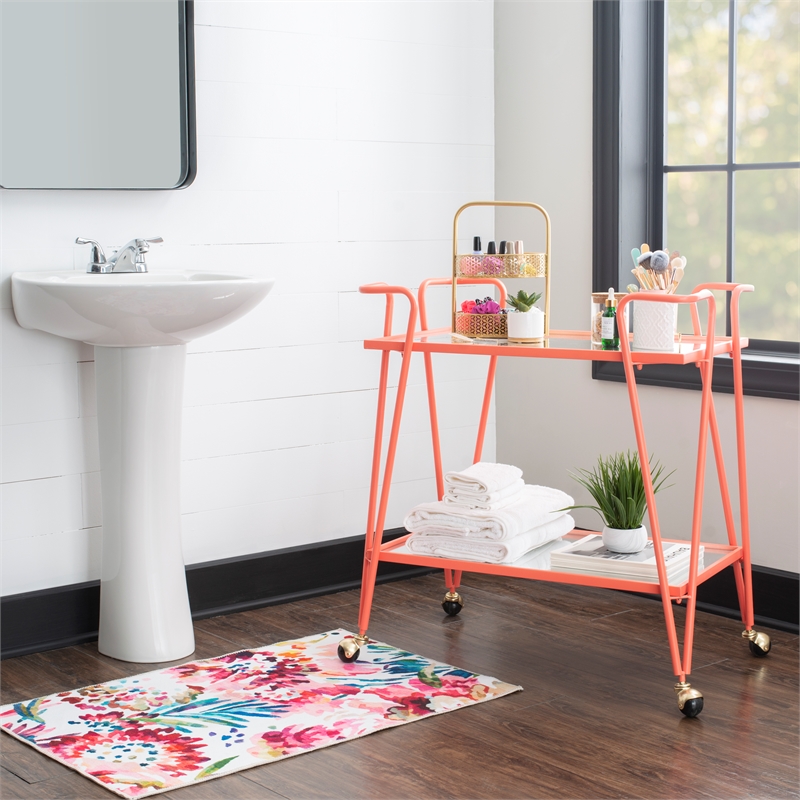 Pemberly Row Metal Rolling Bar Cart with 2 Mirrored Shelves in Coral