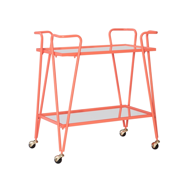 Pemberly Row Metal Rolling Bar Cart with 2 Mirrored Shelves in Coral
