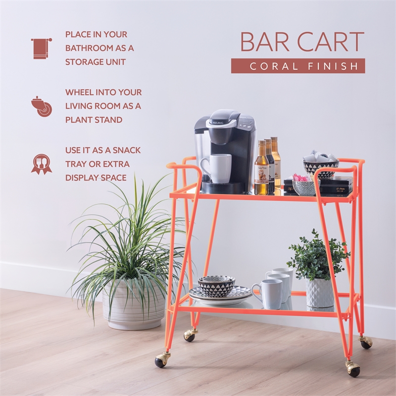 Pemberly Row Metal Rolling Bar Cart with 2 Mirrored Shelves in Coral