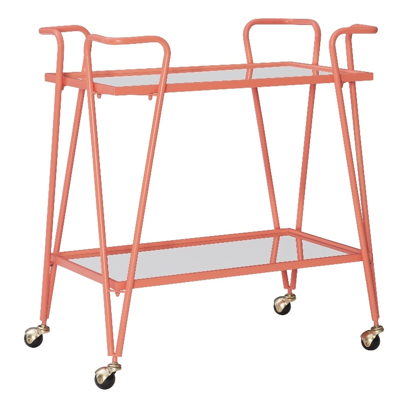 Pemberly Row Metal Rolling Bar Cart with 2 Mirrored Shelves in Coral