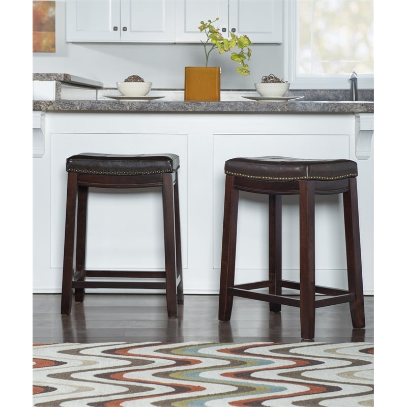 Pemberly Row Wooden Counter Stools with Faux Leather Seats in Brown (Set of 2)