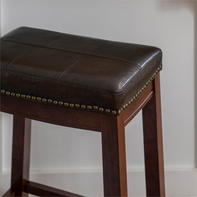Pemberly Row Wooden Counter Stools with Faux Leather Seats in Brown (Set of 2)