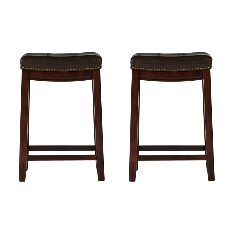 Pemberly Row Wooden Counter Stools with Faux Leather Seats in Brown (Set of 2)