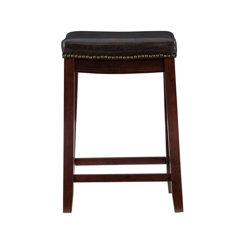 Pemberly Row Wooden Counter Stools with Faux Leather Seats in Brown (Set of 2)