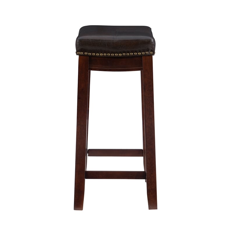 Pemberly Row Wooden Counter Stools with Faux Leather Seats in Brown (Set of 2)