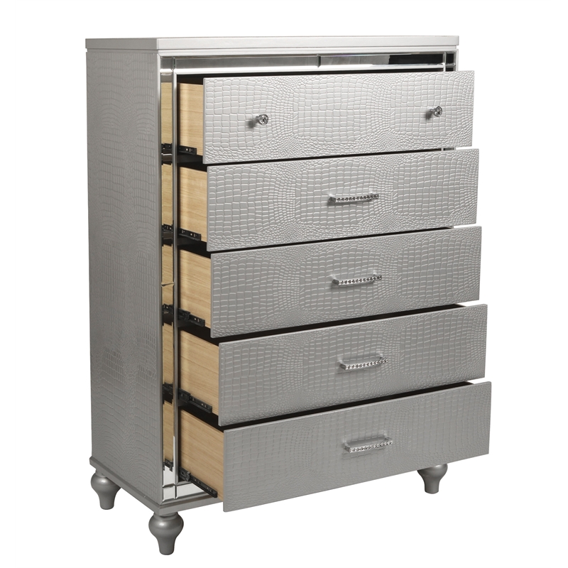 Pemberly Row 5-Piece Solid Wood King Bedroom Set in Silver Finish