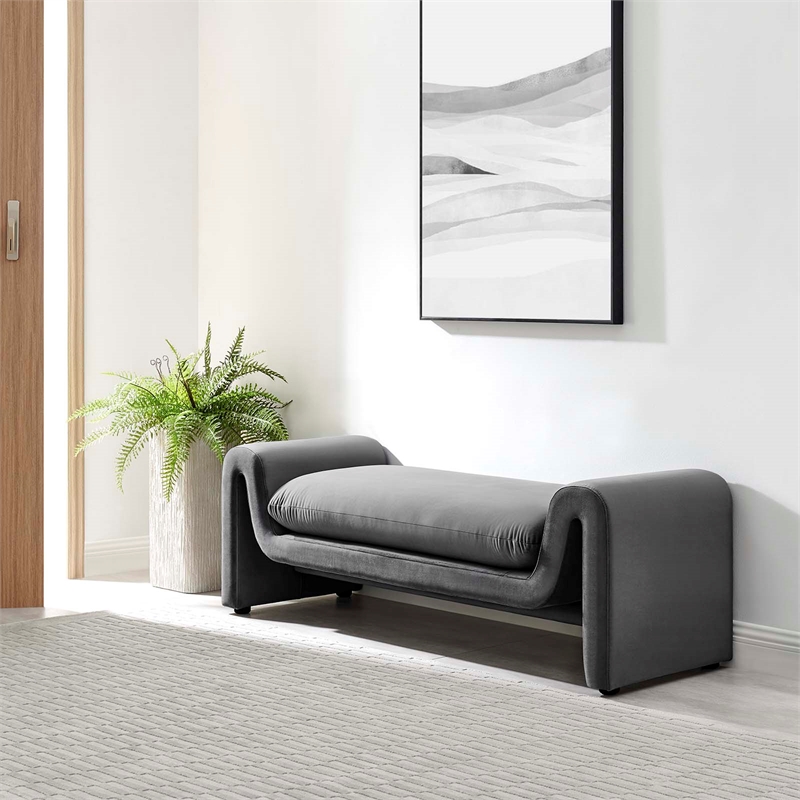 Pemberly Row Modern Velvet Upholstered Bench in Gray 60
