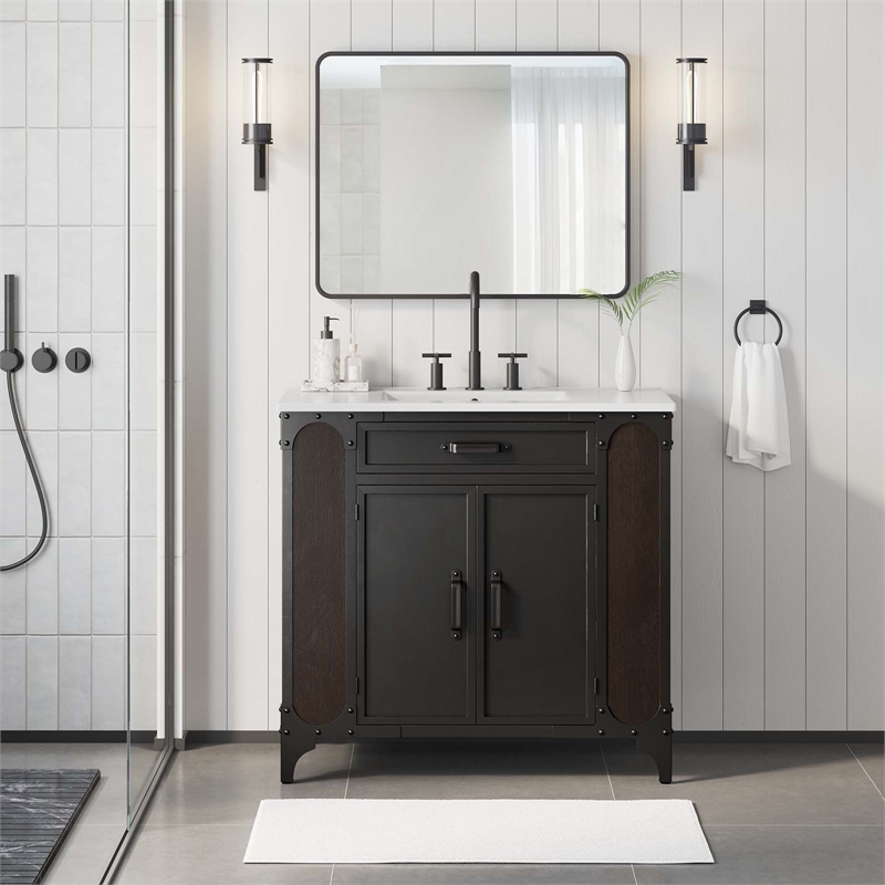 pemberly row wood bathroom vanity with fixed drawer in white 36&quot