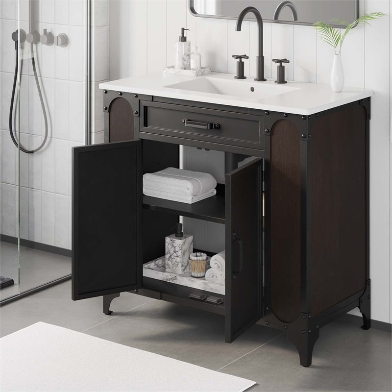 pemberly row wood bathroom vanity with fixed drawer in white 36&quot