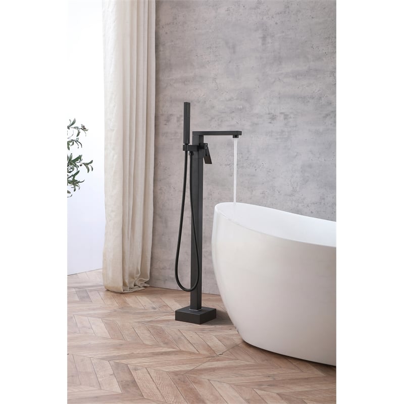 Pemberly Row Floor Mounted Tub Faucet with Hand Shower in Matte Black