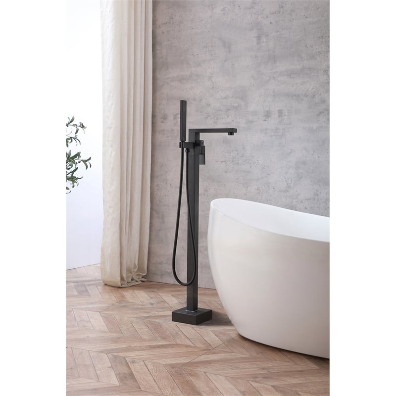 Pemberly Row Floor Mounted Tub Faucet with Hand Shower in Matte Black