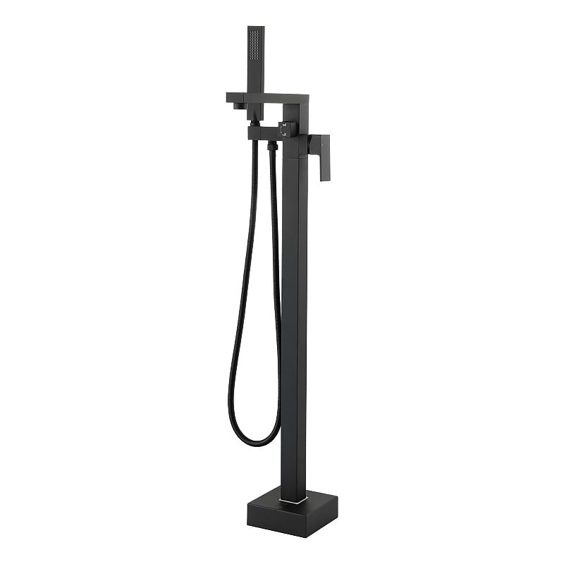 Pemberly Row Floor Mounted Tub Faucet with Hand Shower in Matte Black