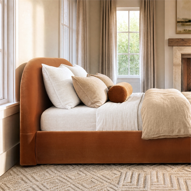 Pemberly Row Upholstered Platform Bed in Burnt Orange Performance Velvet