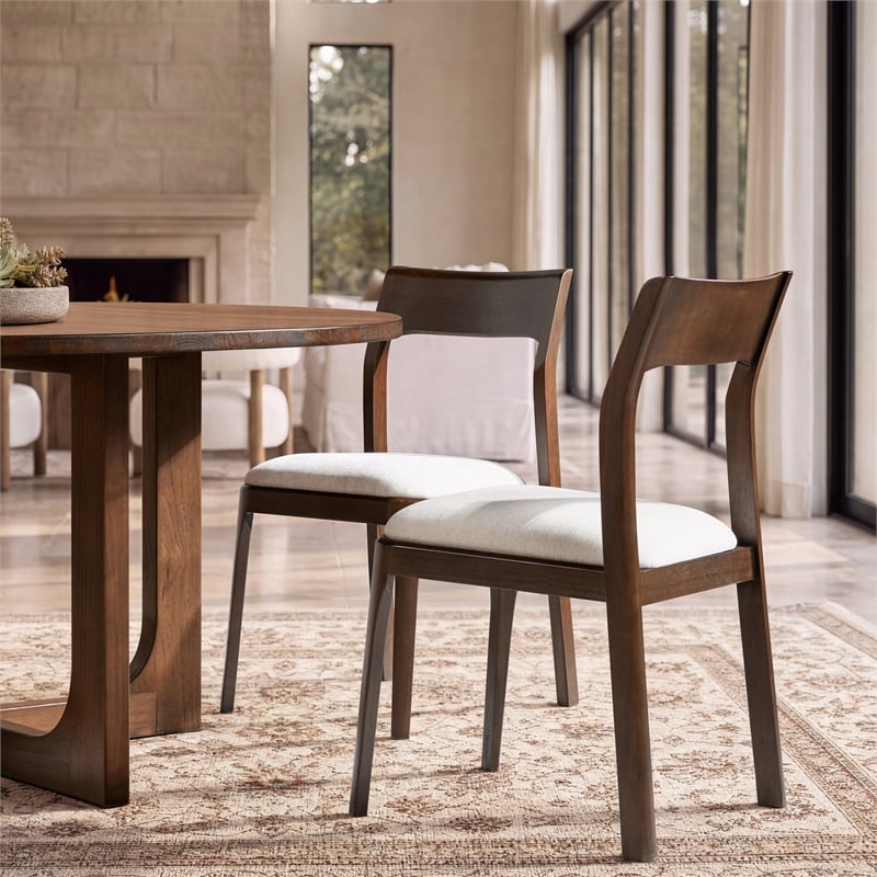 Pemberly Row Reclaimed Pine Dining Chair Set of 2 in Beige Chenille