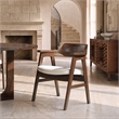 Pemberly Row Curved Reclaimed Pine Dining Armchair in Light Beige Chenille