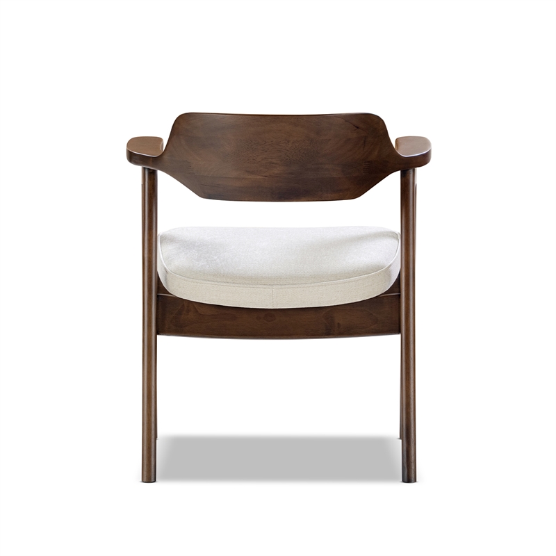 Pemberly Row Curved Reclaimed Pine Dining Armchair in Light Beige Chenille