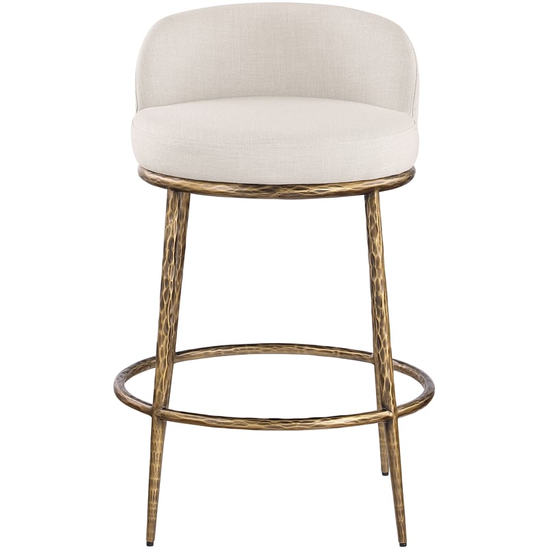 Pemberly Row Beige Linen Fabric Counter Stool with Brushed Brass Legs