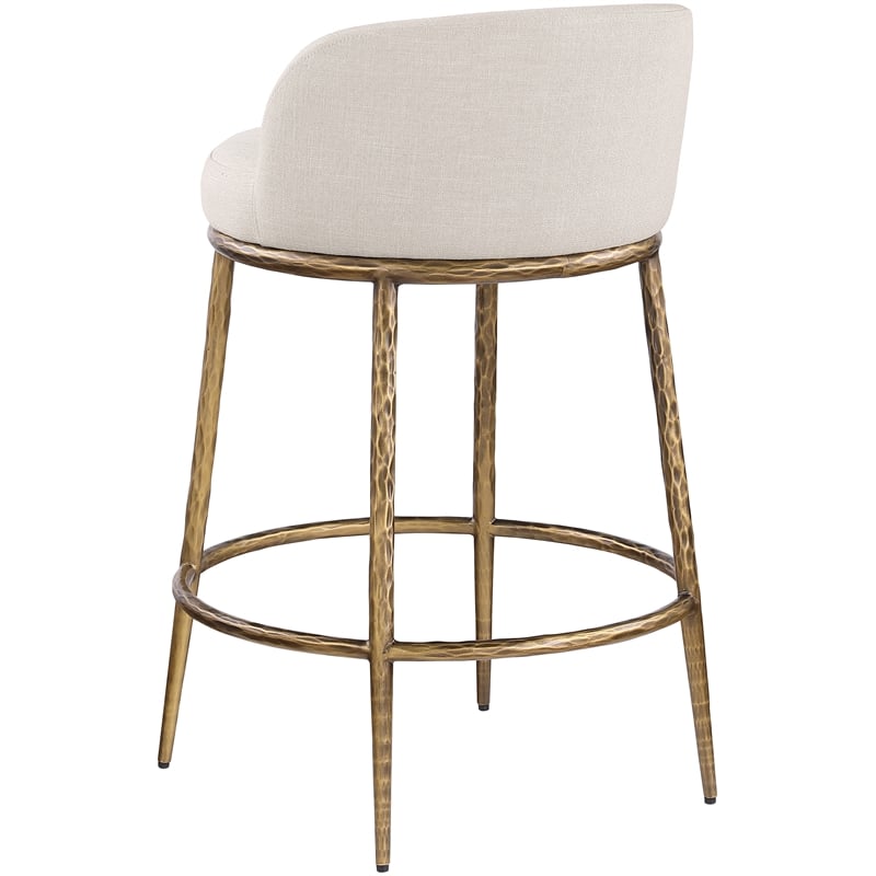 Pemberly Row Beige Linen Fabric Counter Stool with Brushed Brass Legs