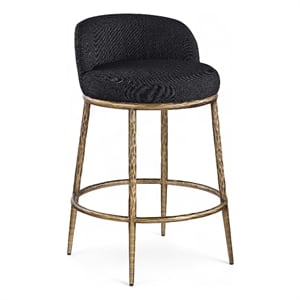 Pemberly Row Black Linen Fabric Counter Stool with Brushed Brass Legs