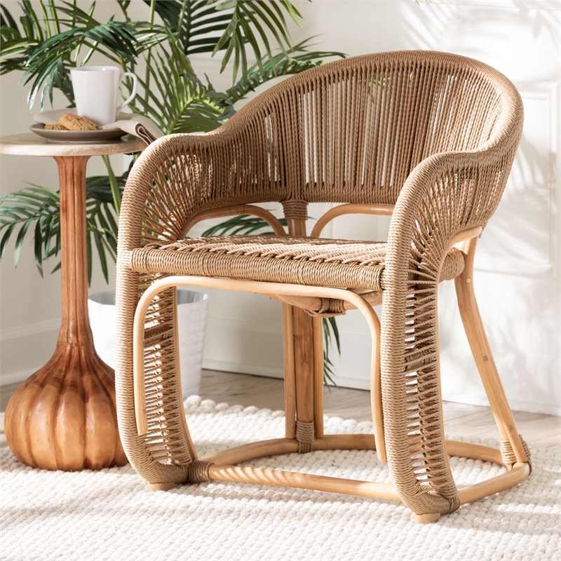 Pemberly Row Isra Natural Rattan Chair with Synthetic Wicker Frame