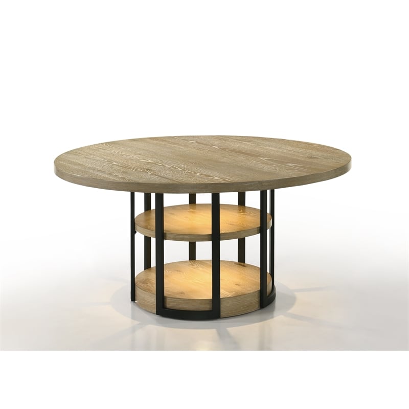 Pemberly Row 7-Piece Round Dining Table in Rustic Oak with Boucle Chairs