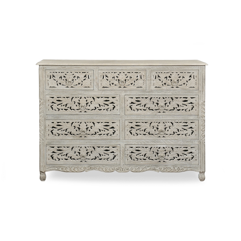 Pemberly Row Farmhouse 9-Drawer Solid Wood Dresser with Floral Carved Details