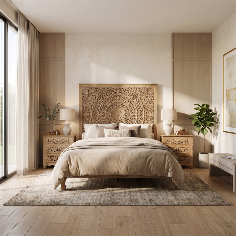 Pemberly Row Floral Carved Solid Wood King Panel Bed in Weathered Brown