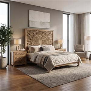 Pemberly Row Floral Carved Solid Wood King Panel Bed in Weathered Brown