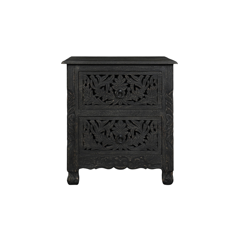 Pemberly Row 2-Drawer Floral Carved Solid Wood Nightstand in Black