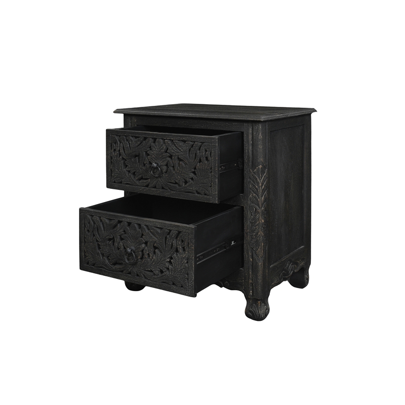 Pemberly Row 2-Drawer Floral Carved Solid Wood Nightstand in Black